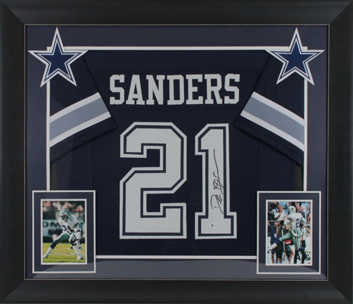 Deion Sanders Signed & Custom Framed Cowboys Home Style Jersey (Beckett/BAS Witnessed)