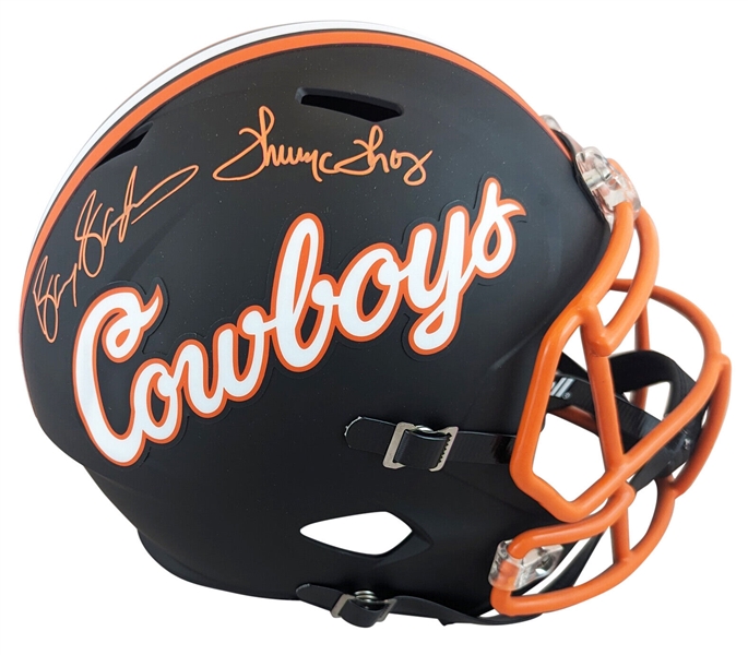 OSU Legends: Barry Sanders & Thurman Thomas Signed Black Full Size Speed Replica Helmet (Beckett/BAS Witnessed)