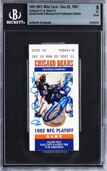 Emmitt Smith & Michael Irvin Signed NFL Playoff Debut Ticket Stub :: 12-29-1991 vs. Bears (Beckett/BAS Encapsulated)