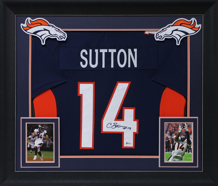 Courtland Sutton Signed Denver Broncos Home Style Jersey in Custom Framed Display (Beckett/BAS Witnessed)