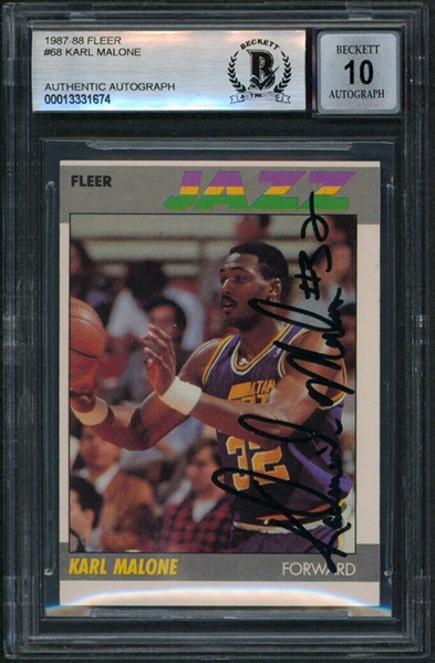 Karl Malone Signed 1987 Fleer Trading Card with Early Sig & GEM MINT 10 Autograph (Beckett/BAS Encapsulated)