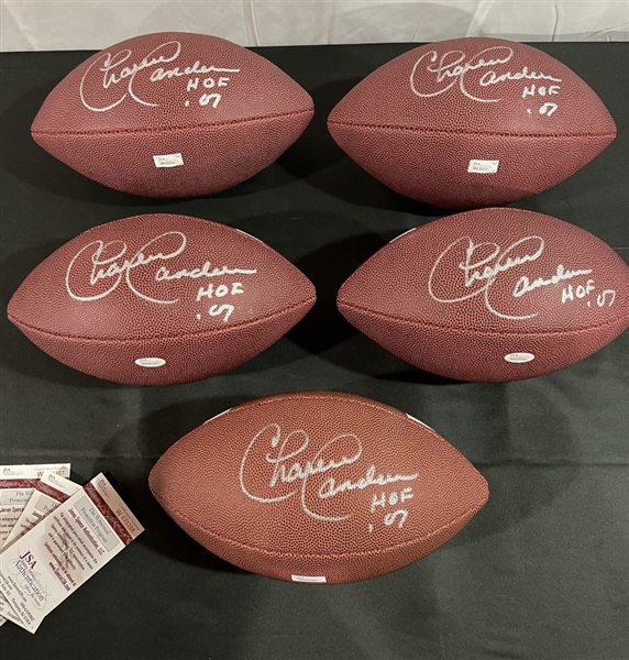 Lot of Five (5) HOFer Charlie Sanders Signed & Inscribed Footballs (JSA Witnessed)