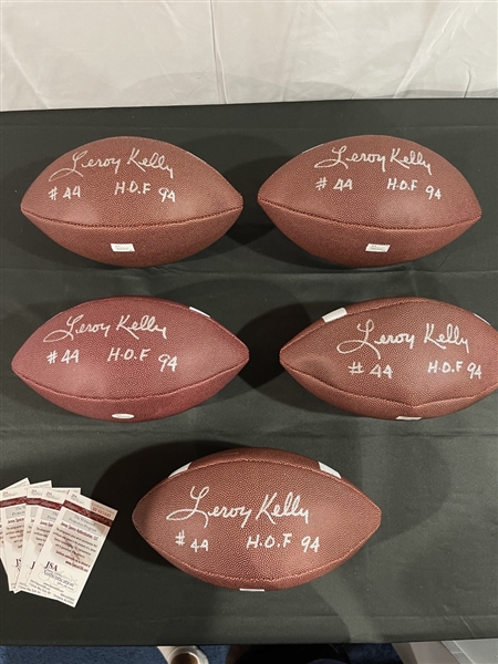 Lot of Five (5) HOFer Leroy Kelly Signed & Inscribed Footballs (JSA Witnessed)