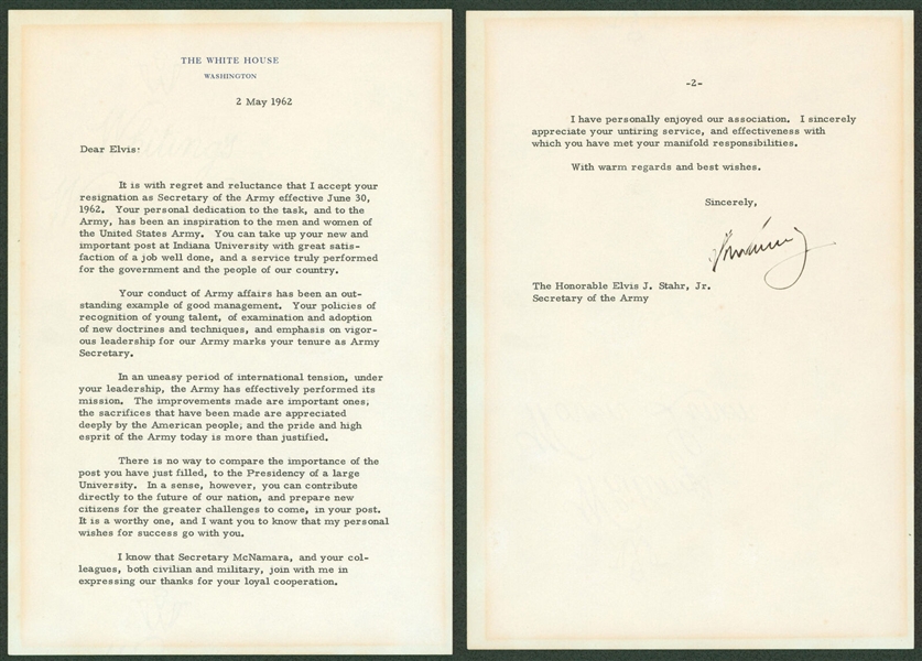 John F. Kennedy Signed White House Letter :: Accepting Resignation of The Secretary of Army! (Beckett/BAS LOA)