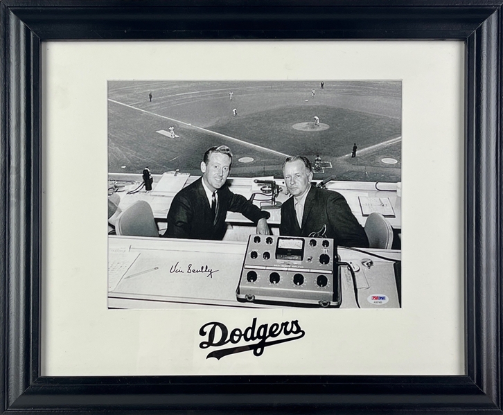 Vin Scully Signed Black & White Photograph in Custom Display (PSA/DNA LOA)