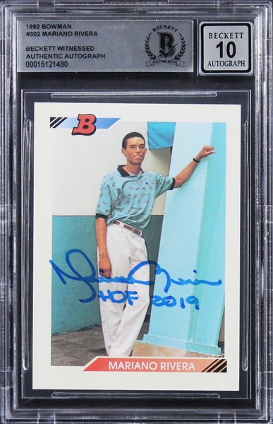 Mariano Rivera Signed 1992 Bowman Rookie Card with "HOF 2019" Inscription (Beckett/BAS GEM MINT 10)