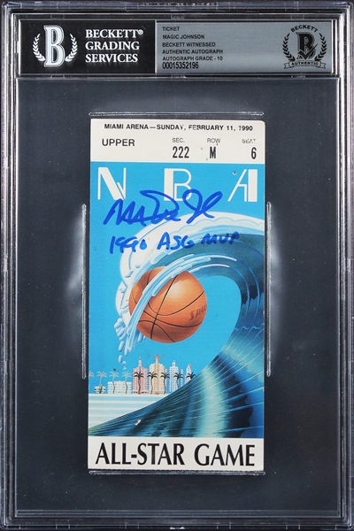 Magic Johnson Signed 1990 All-Star Game Ticket Stub with "1990 ASG MVP" Insc. - Beckett/BAS GEM MT 10 Auto!