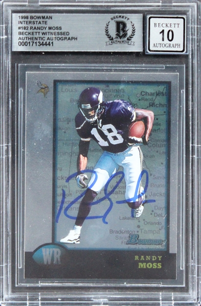 Randy Moss Signed 1998 Bowman Interstate #182 Rookie Card w/ Gem Mint 10 Auto! (Beckett/BAS Encapsulated)