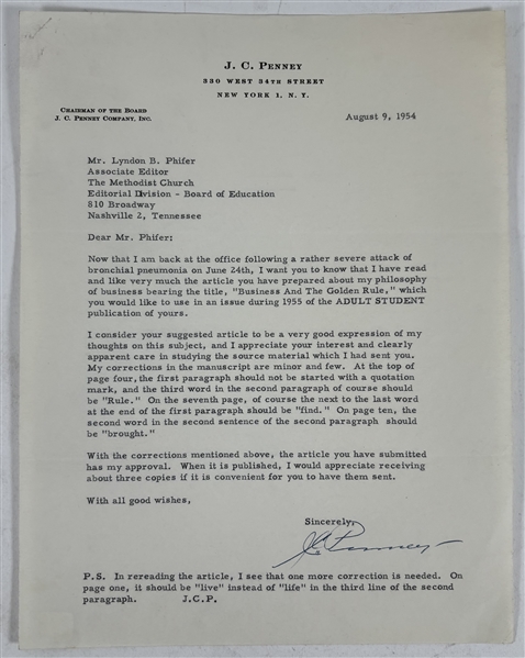 J.C. Penney Signed 1954 Letter Mentioning "The Golden Rule" (PSA/DNA LOA)