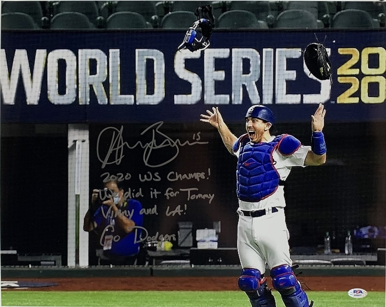 Austin Barnes Signed 16" x 20" Photo with 2020 World Series & Vin Scully Tribute Inscriptions (PSA COA)