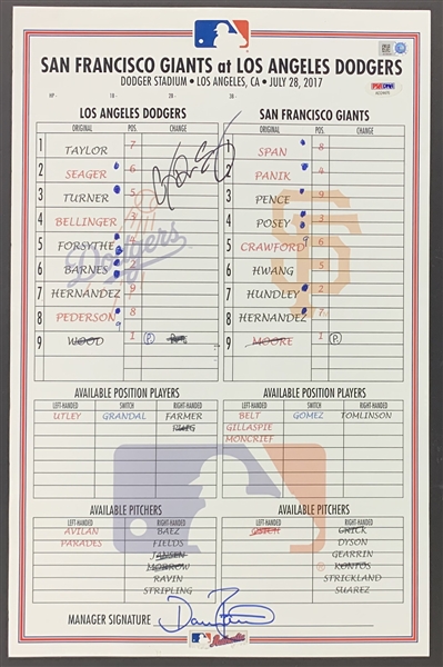 Corey Seager & Dave Roberts Signed & Game Used July 28th, 2017 Lineup Card (MLB Holo)(PSA/DNA)