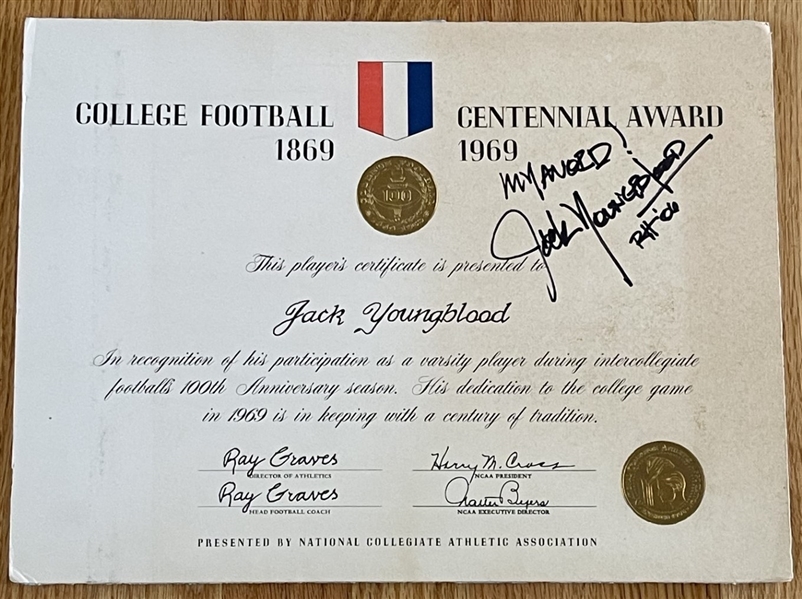 Jack Youngblood Signed & Owned College Football Centennial Award with Photo Proof (Third Party Guaranteed)