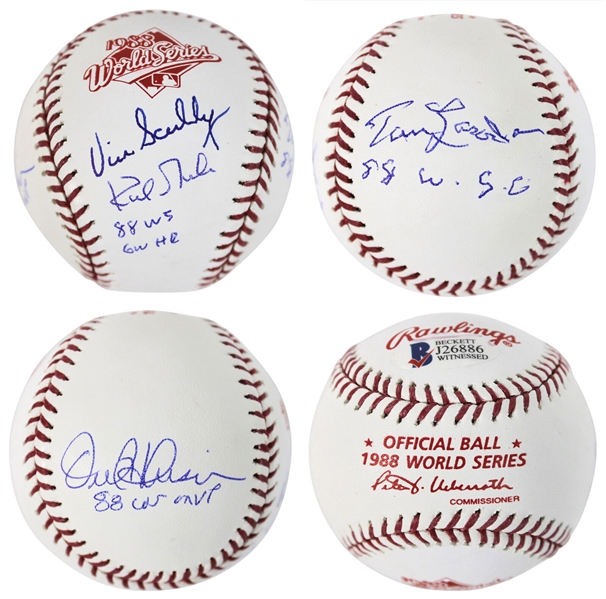 Dodgers Legends Signed & Inscribed 1988 World Series Baseball w/Scully, Lasorda, Gibson & Hershiser (Beckett/BAS Witnessed)