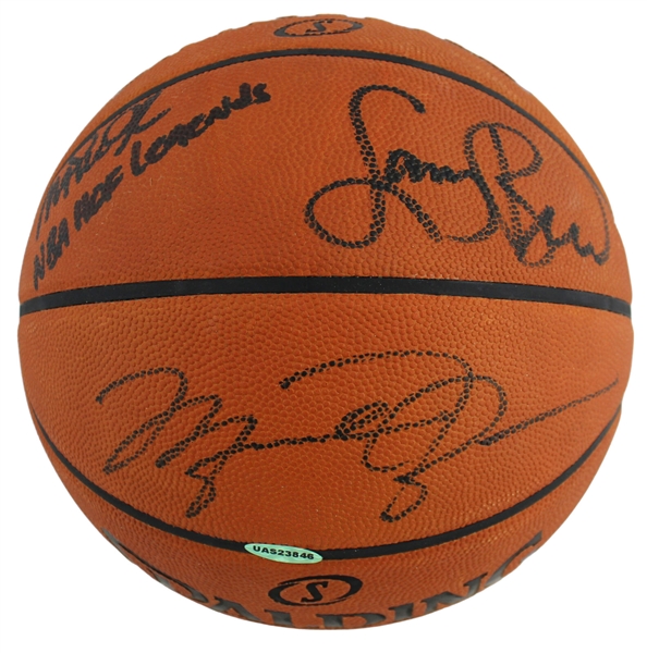 Michael Jordan, Larry Bird & Magic Johnson Signed "NBA HOF Legends" Spalding NBA Game Model Leather Basketball (Beckett/BAS LOA, UDA COA & Bird Hologram)