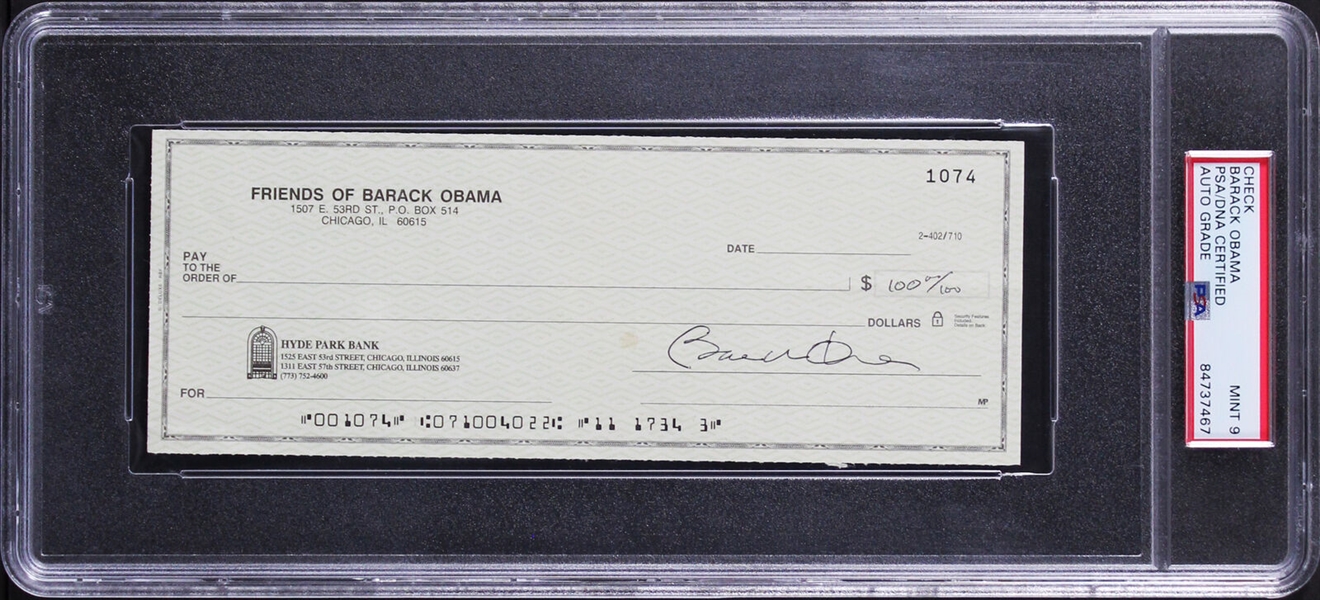 President Barack Obama RARE Signed Blank Check as Senator with MINT 9 Autograph Grade! (PSA/DNA Encapsulated)