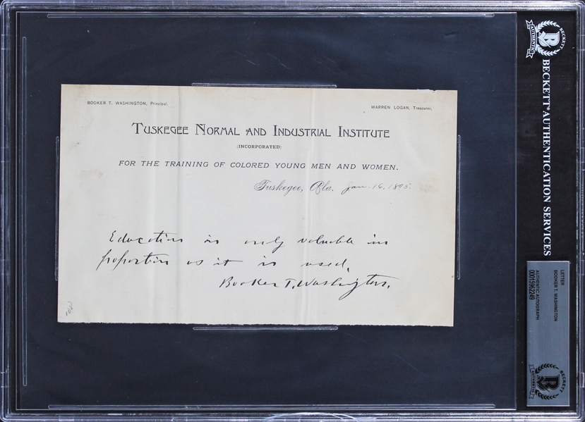 Booker T. Washington Phenomenal Handwritten & Signed Quote on Tuskegee Institute Letterhead (Beckett/BAS Encapsulated)