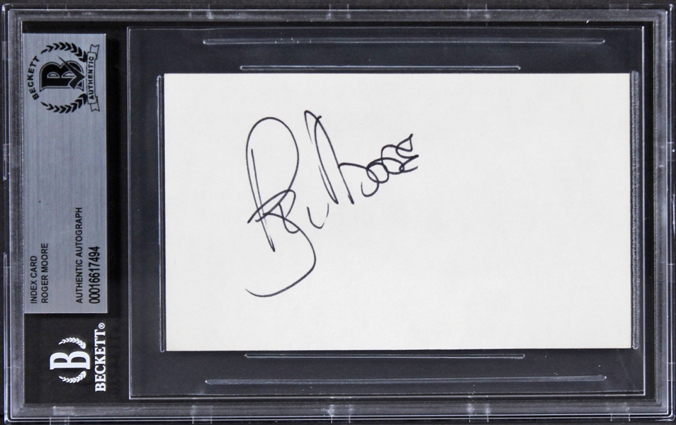 James Bond: Roger Moore Signed 3" x 5" Index Card (Beckett/BAS Encapsulated)