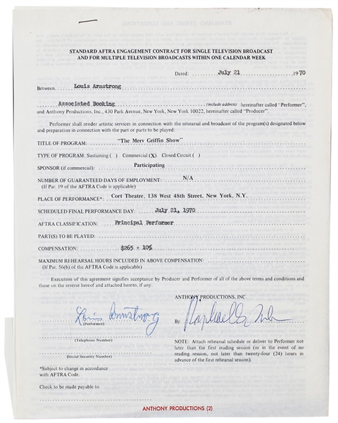 Louis Armstrong Signed 1970 Appearance Contract for "The Merv Griffin Show" (Beckett/BAS LOA)