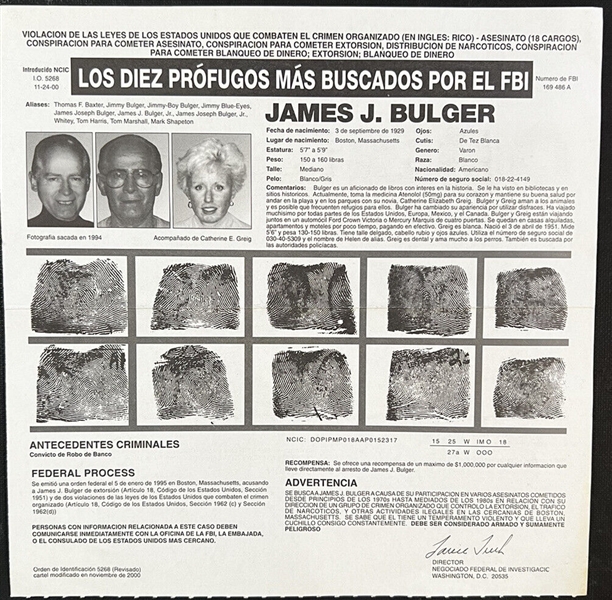 RARE Whitey Bulger Original Spanish FBI Wanted Poster