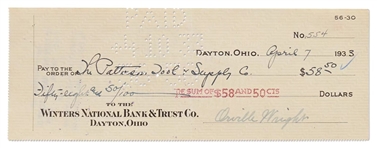 Orville Wright Signed 1933 Bank Check (Third Party Guaranteed)