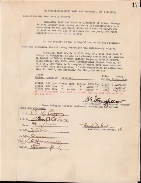 Thomas & Charles Edison Multi-Signed Edison Storage Battery Company 1927 Document (Third Party Guaranteed)