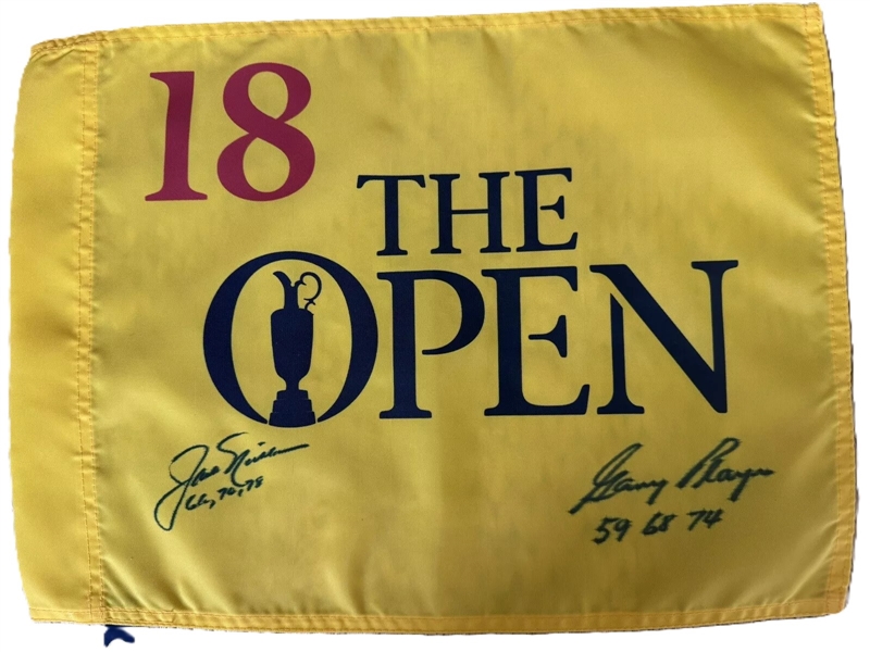 Jack Nicklaus & Gary Player Dual Signed & Winning Year Inscribed Open Championship Tour Flag (Third Party Guaranteed)