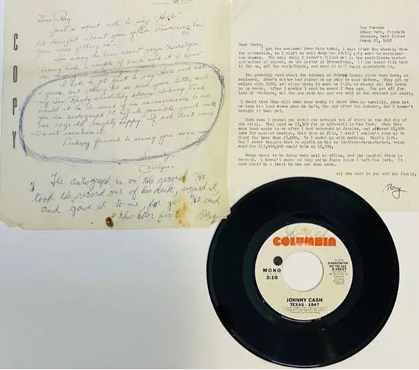 Unreleased "Texas-1947" 45 Record Signed by Johnny Cash + Handwritten Letters by Ray Cash (JSA)