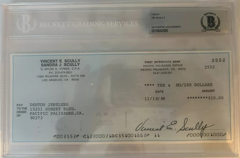 Vin Scully Near-Mint Signed 1986 Personal Bank Check (Beckett/BAS Encapsulated)