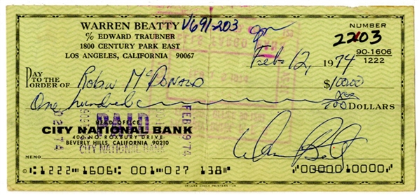 Warren Beatty Signed & Handwritten 1974 Bank Check (Third Party Guaranteed)