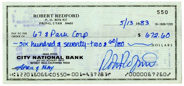 Robert Redford Rare Signed & Handwritten Near-Mint 1983 Bank Check (Third Party Guaranteed)