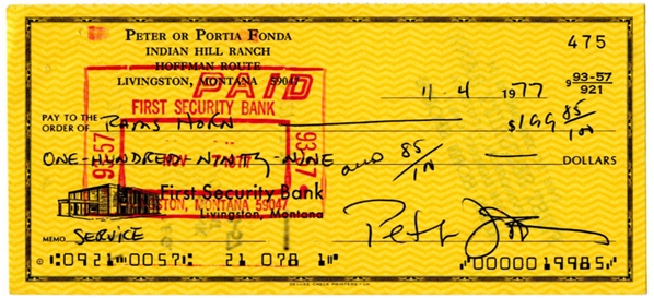 Peter Fonda Signed & Handwritten 1977 Bank Check (Third Party Guaranteed)