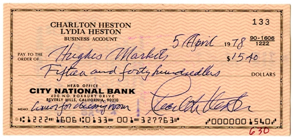 Charlton Heston Signed & Handwritten 1978 Bank Check (Third Party Guaranteed)