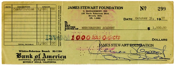 Jimmy Stewart Vintage Signed 1957 James Stewart Foundation Bank Check (Third Party Guaranteed)