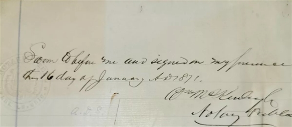 President William McKinley Signed & Handwritten 1871 Notary Document (Third Party Guaranteed)