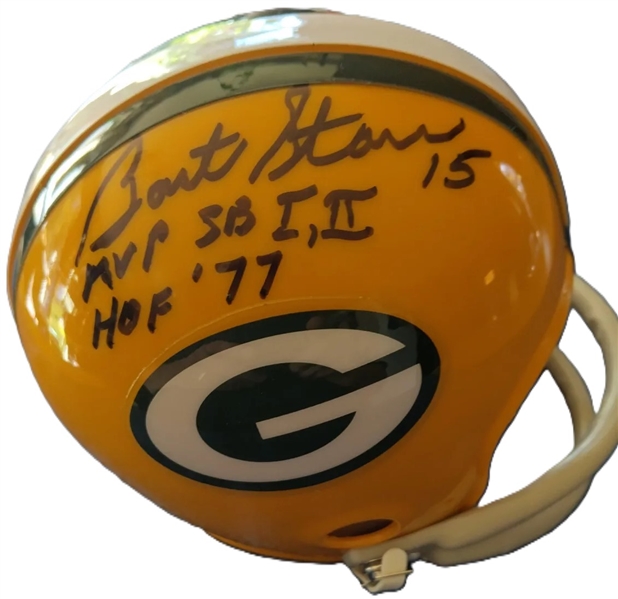 Bart Starr Signed & Inscribed "MVP SB I,II & HOF 77" Green Bay Packers Mini-Helmet (Tristar)