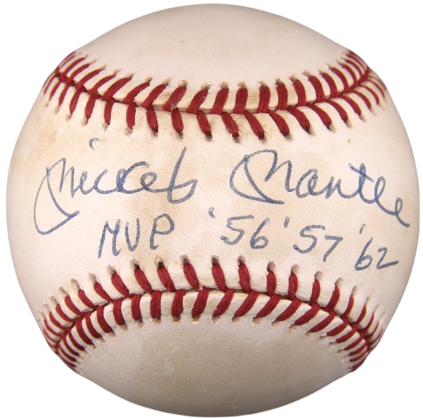 Mickey Mantle Signed OAL Baseball w/ ULTRA-RARE "MVP 56, 57, 62" Inscription! (JSA)