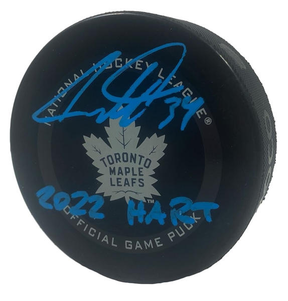 Auston Matthew Signed & "2022 HART" Inscribed Maple Leafs Official Puck (Fanatics)