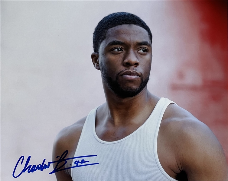 Chadwick Boseman Signed 8" x 10" 42 Movie Photo as Jackie Robinson (K9 COA)(SWAU LOA)