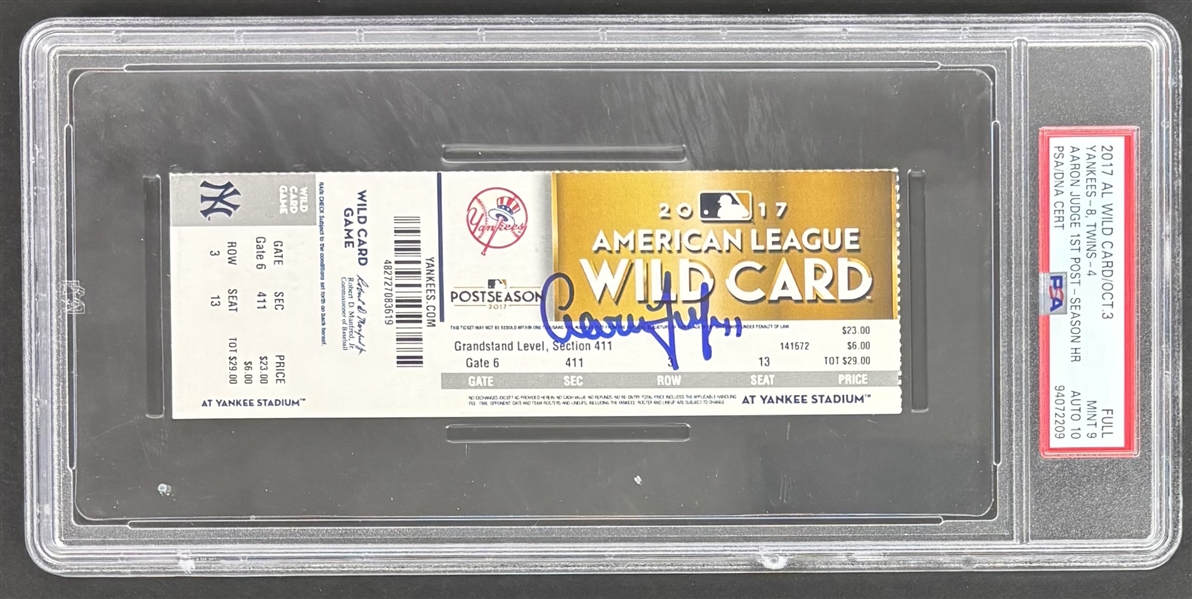 Aaron Judge Signed 2017 American League Wild Card Ticket w/ GEM MINT 10 AUTO! (First Playoff Game & 1st Career Playoff HR!)(PSA/DNA)