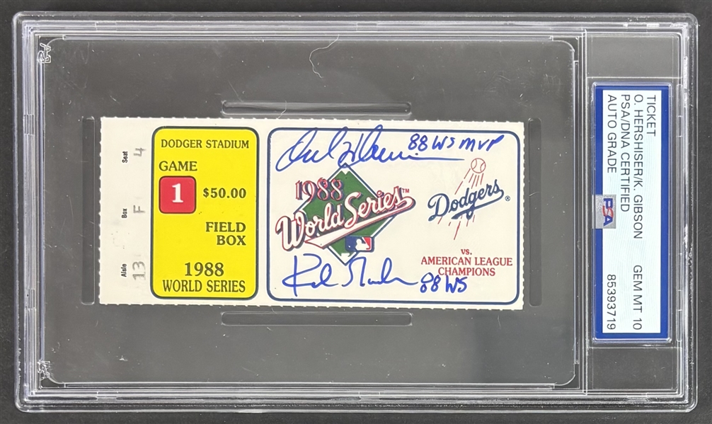 Dodgers: Orel Hershiser & Kirk Gibson Signed 1988 World Series Ticket w/ Gem Mint 10 Autos! (PSA/DNA)