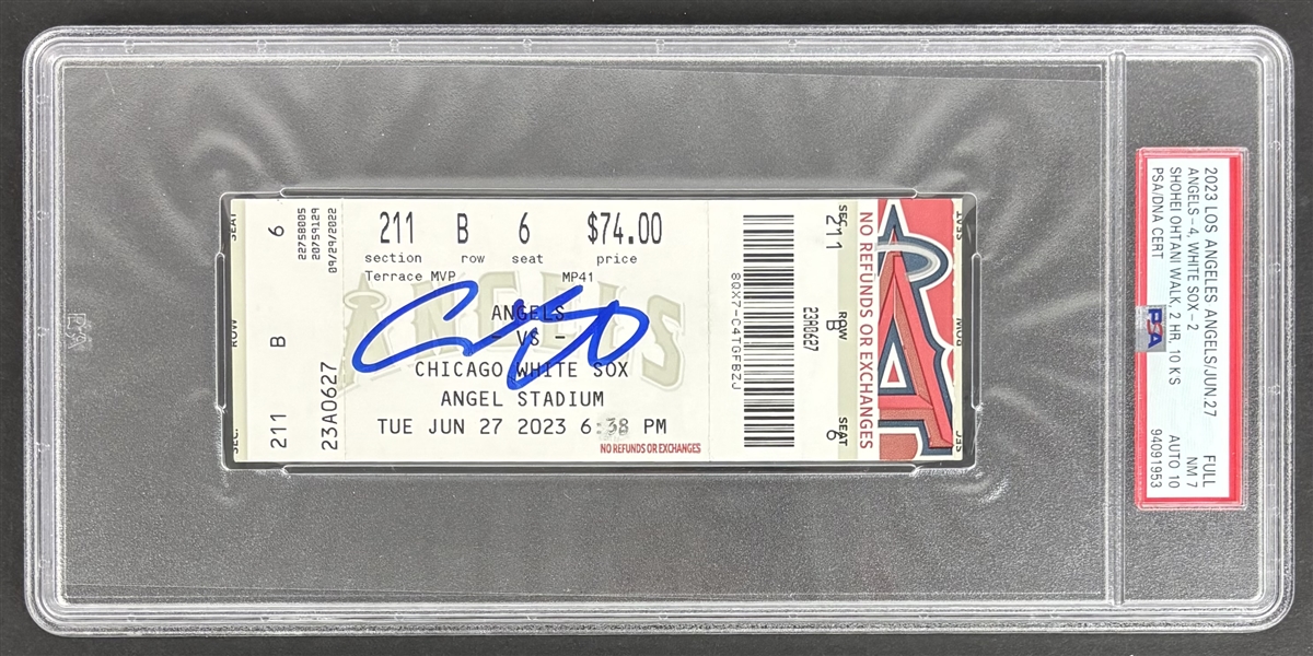 Shohei Ohtani Signed 2023 LA Angels Full NM 7 Ticket w/ Gem Mint 10 Auto :: Walk 2HR 10 KS Game vs White Sox (MVP Season)(PSA/DNA Encapsulated)