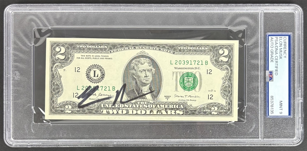 Elon Musk Signed U.S. Two Dollar Bill w/ Mint 9 Auto! (PSA/DNA Encapsulated)