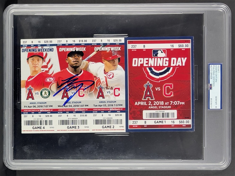 Shohei Ohtani Signed 2018 Opening Day Ticket Panel w/ Gem Mint 10 Auto! - Ohtanis Angel Stadium Debut & 1st HR Game & First 3 HR games! (PSA/DNA Encapsulated)