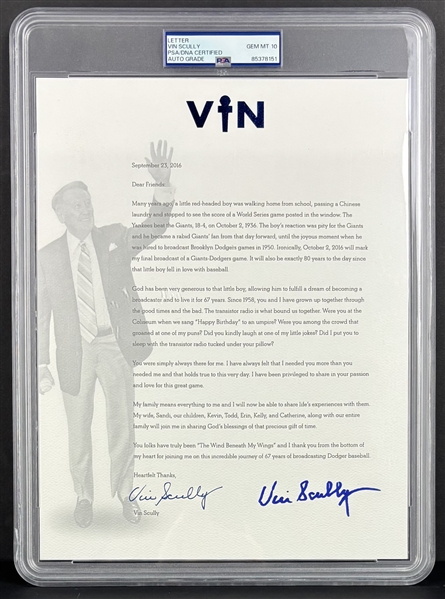 Vin Scully Signed Letter Referencing Retirement & Life Story (Gem Mint 10 Auto!)(PSA/DNA Encapsulated)