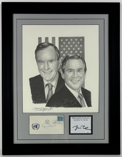 George HW Bush & George Bush Signed Memorabilia in Framed Display (JSA)(Beckett/BAS)