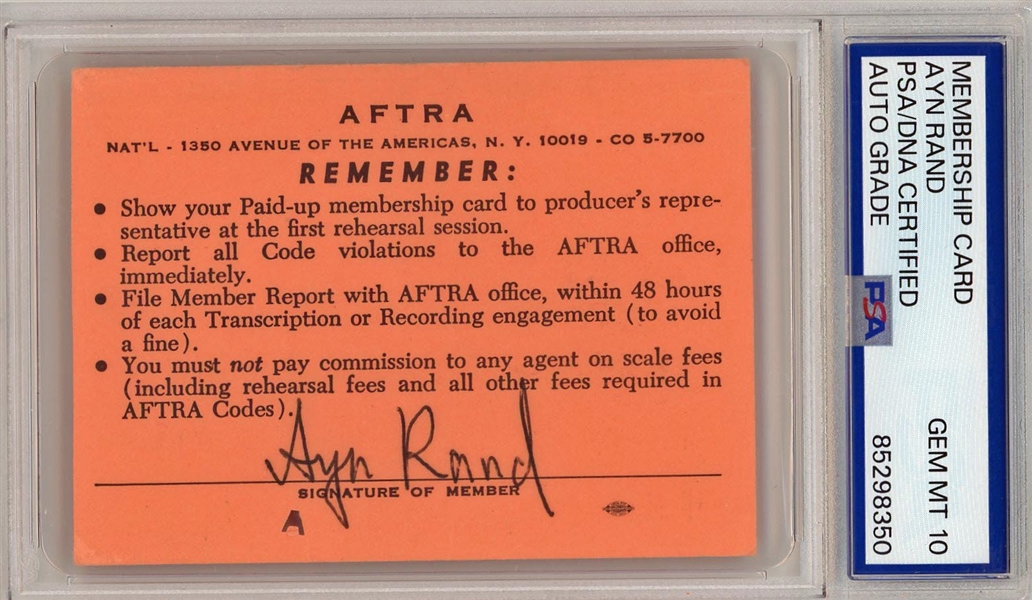 RARE Ayn Rand Signed 1974-75 AFTRA Membership Card w/ Gem Mint 10 Auto! (PSA/DNA Encapsulated)