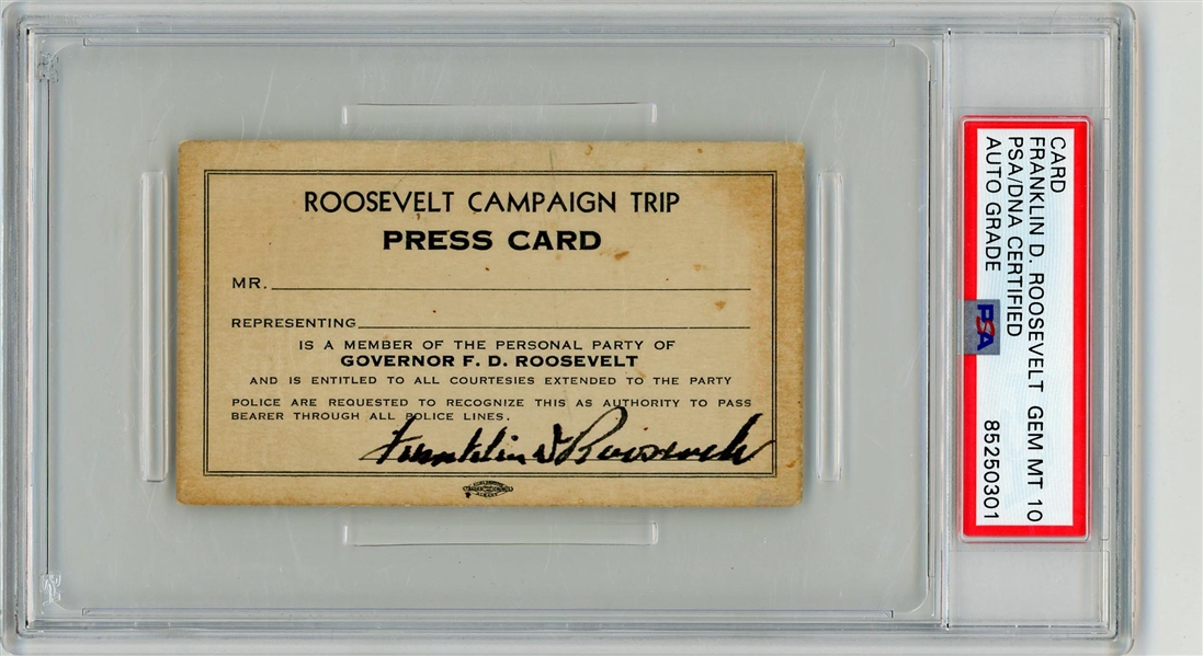 Franklin D. Roosevelt Signed Campaign Trip Press Card w/ Gem Mint 10 Auto! (PSA/DNA Encapsulated)