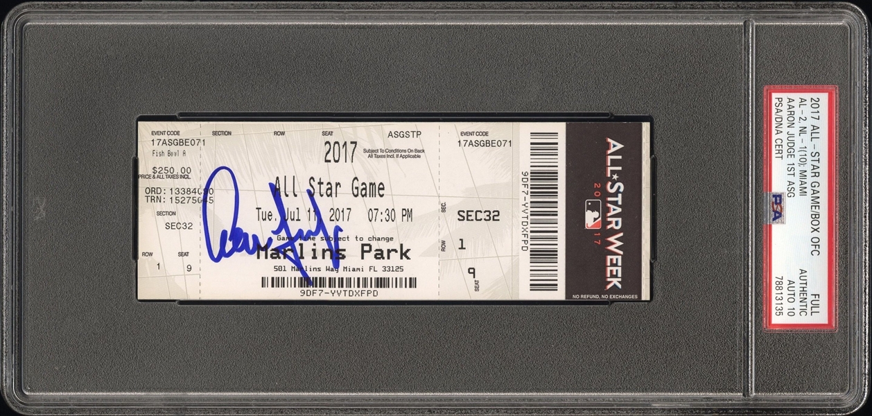 Aaron Judge signed MLB 2017 All-Star Game Ticket - Graded MINT 10 (PSA/DNA)