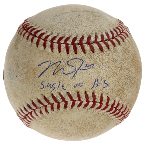 Mike Trout Signed Game Used ROMLB Baseball Inscribed "Single vs As" (MLB)