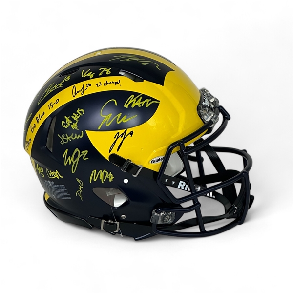 Michigan Wolverines Team Signed 2023 Full Size Riddell Authentic Speed Helmet JJ McCarthy, Blake Corum, Donovan Edwards - 19 signatures (Beckett & JSA Witness)